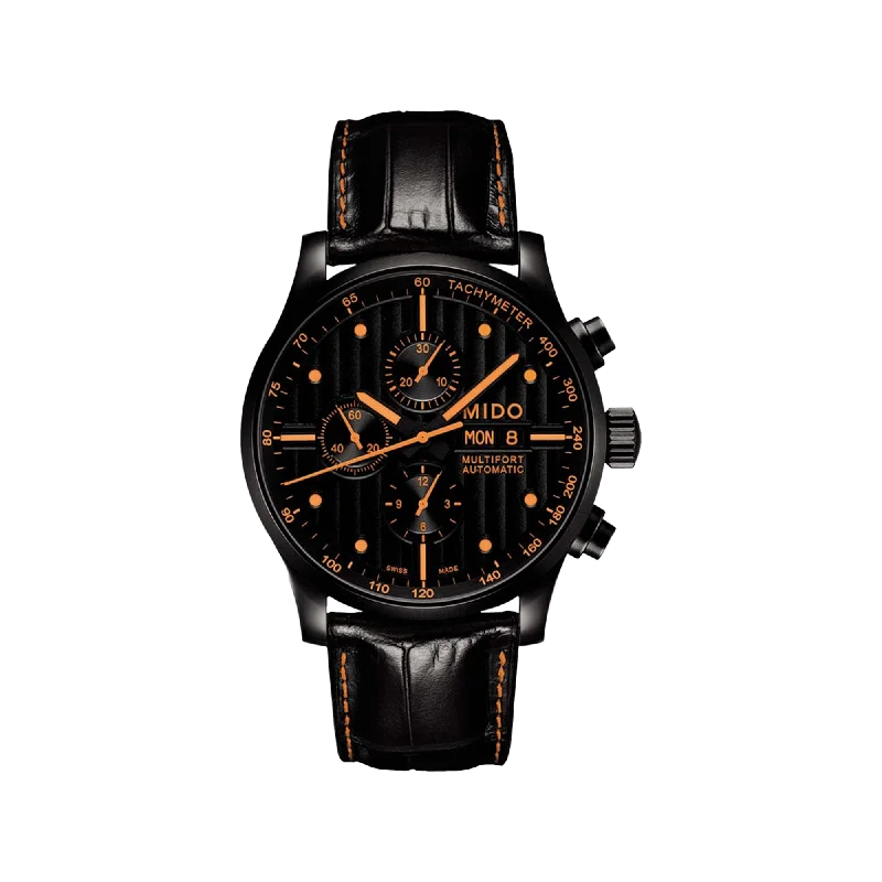 luxury watches with rare gemstone accents for sophistication-Mido Multifort Chronograph Special Edition - Stainless Steel with Black PVD - Interchangeable Black & Orange Leather Strap