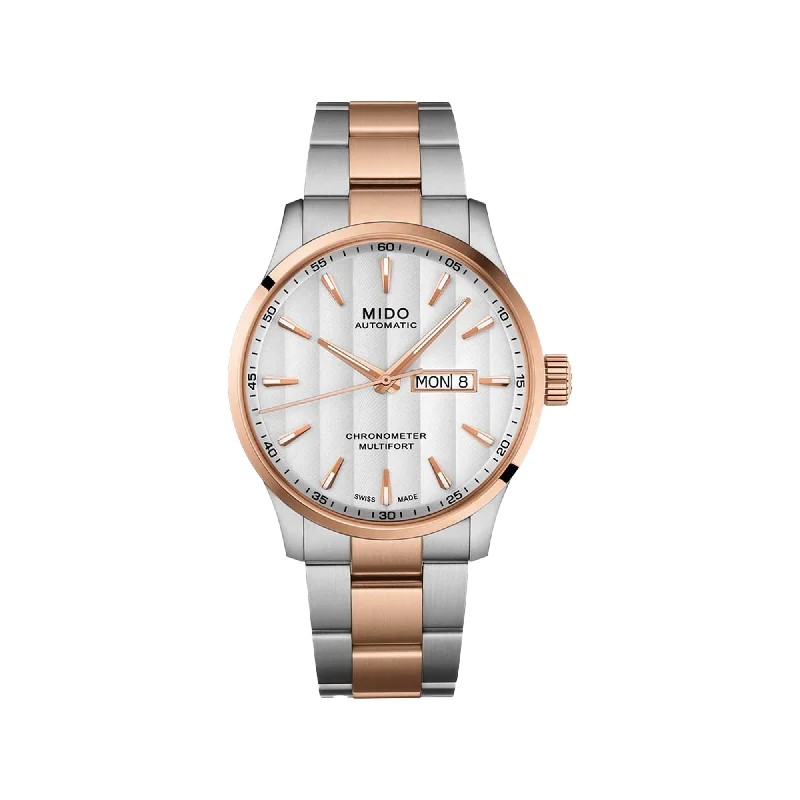 watches for men with built-in pedometer and fitness tracking-Mido Multifort Chronometer - Stainless Steel with Rose Gold PVD - Stainless Steel with Rose Gold PVD Strap