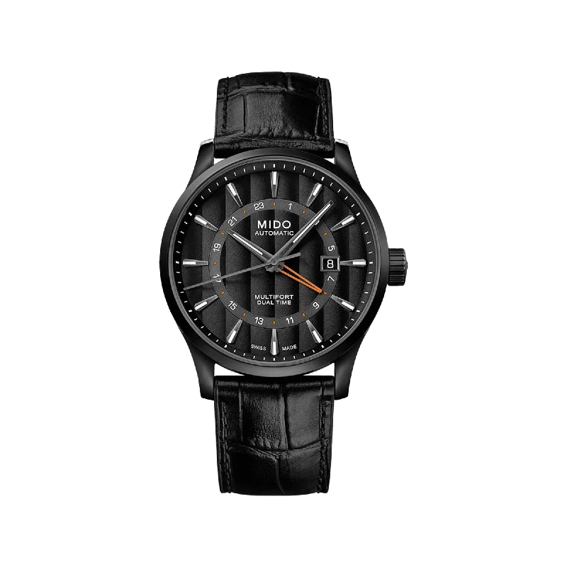 watches for women with minimalist designs and clean dials-Mido Multifort Dual Time - Stainless Steel with Black PVD - Black Leather Strap