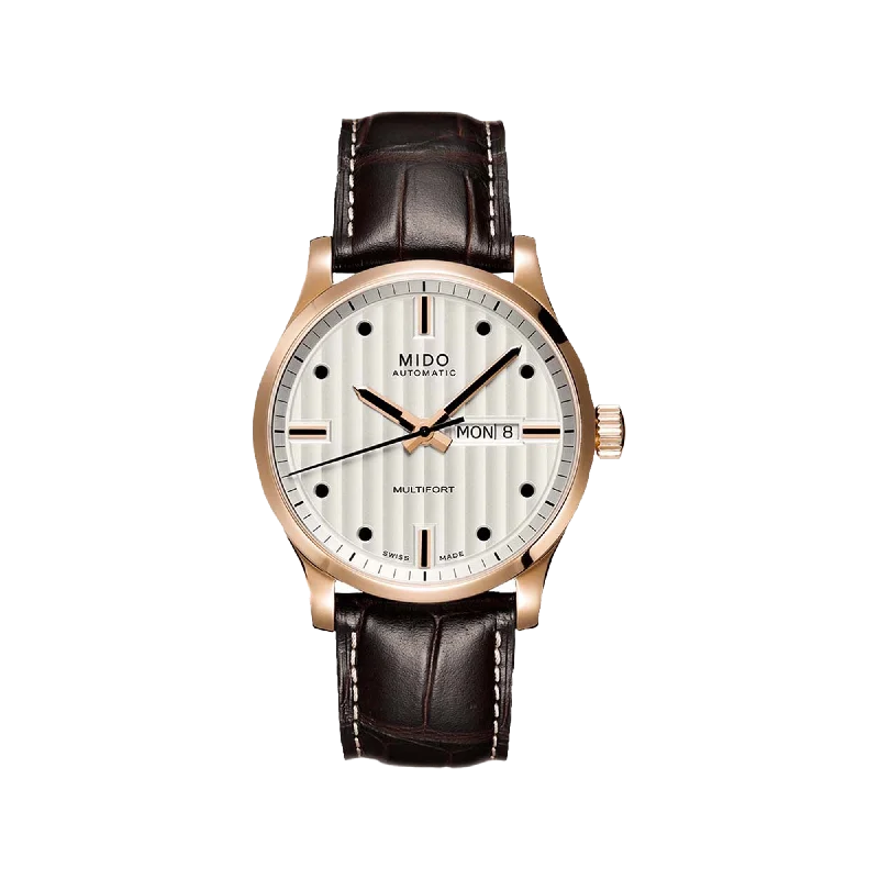 durable watches for men with military-grade toughness-Mido Multifort Gent - Stainless Steel with Rose Gold PVD - Brown Leather Strap