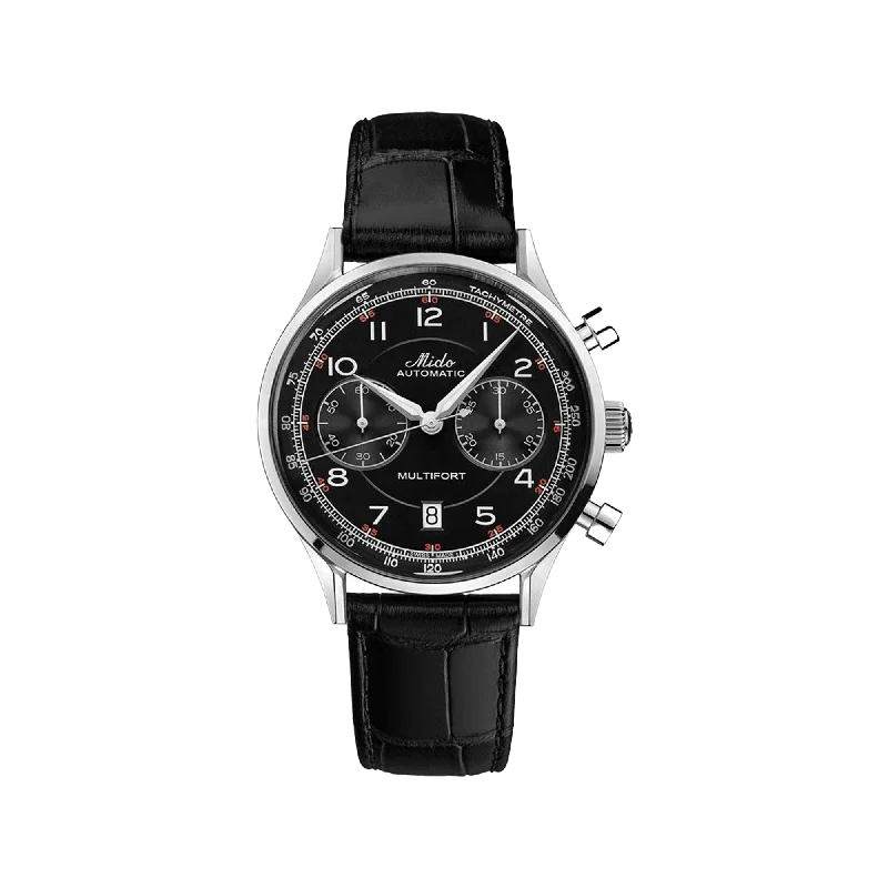 durable fitness watches for men with heart rate and GPS-Mido Multifort Patrimony Chronograph - Stainless Steel - Black Leather Strap