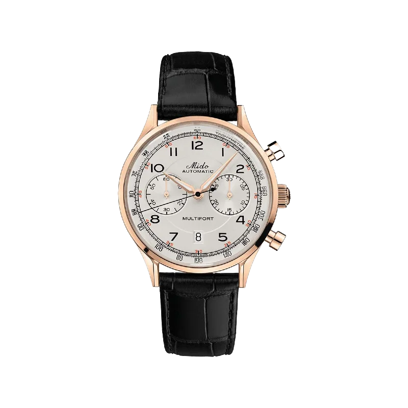 eco-friendly watches with sustainable materials for an active lifestyle-Mido Multifort Patrimony Chronograph - Stainless Steel with Rose Gold PVD - Black Leather Strap