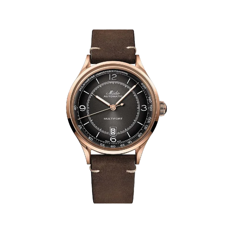 smartwatches for men with built-in music player and fitness apps-Mido Multifort Patrimony - Stainless Steel with Rose Gold PVD - Brown Patina Leather Strap