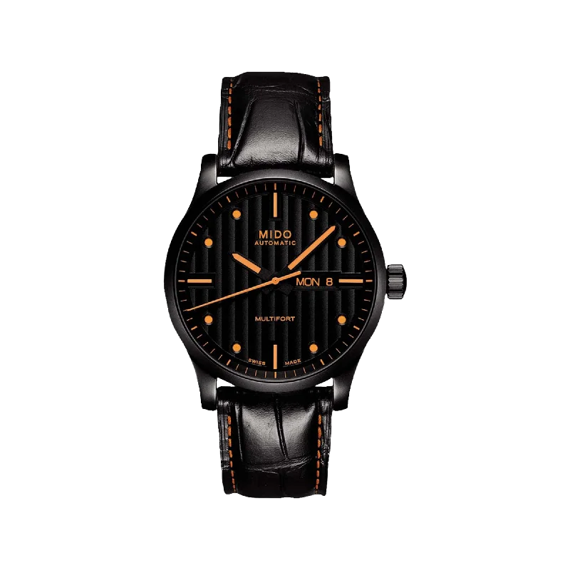 men’s watches with automatic movement and luxury appeal-Mido Multifort Special Edition - Stainless Steel with Black PVD - Interchangeable Black & Orange Leather Strap