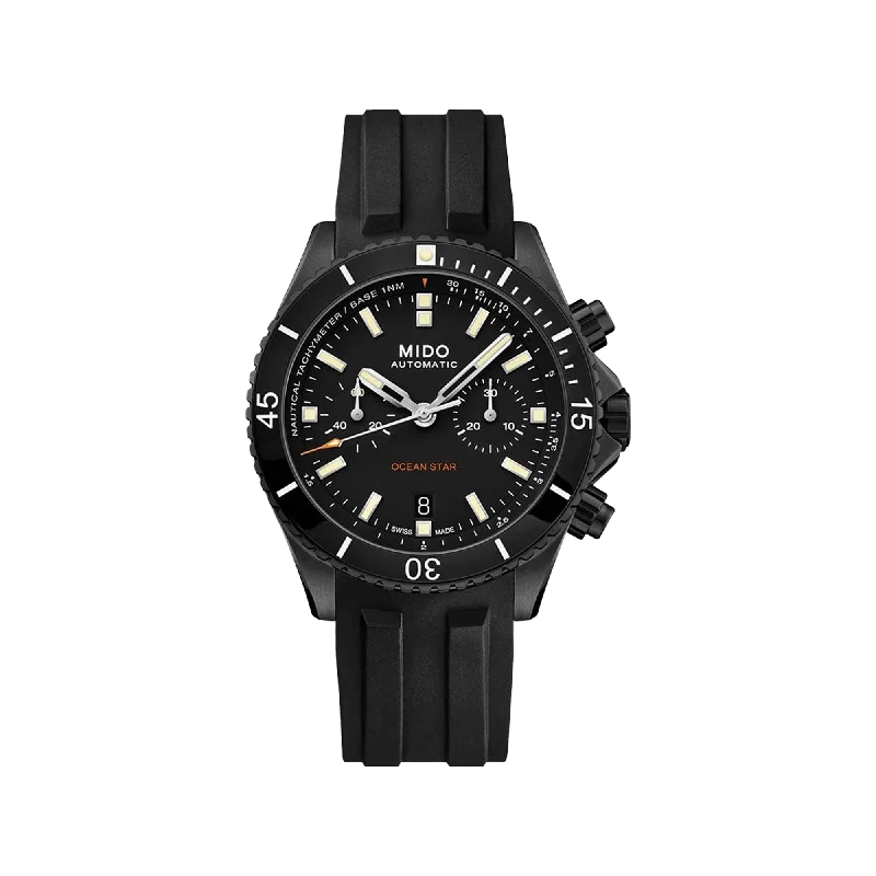 men’s watches with carbon fiber for lightweight yet durable design-Mido Ocean Star Chronograph - Black DLC Coating with Ceramic Bezel - Interchangeable Black Rubber and Black Fabric Strap