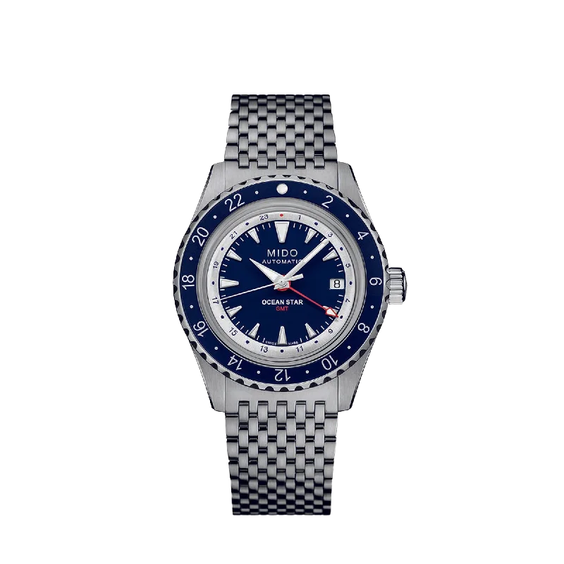 women’s watches with leather straps and gold-tone accents-Mido Ocean Star GMT 40.5 - Stainless Steel and Aluminium Bezel - Blue Dial