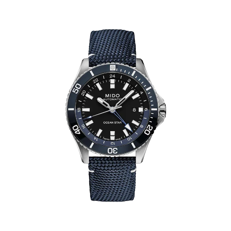 watches with digital and analog display for versatile style-Mido Ocean Star GMT - Stainless Steel and Ceramic Bezel - Blue Fabric Strap