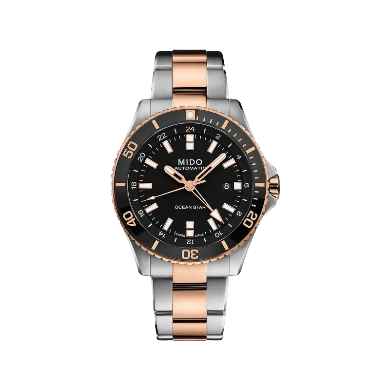 stylish wristwatches for men with stainless steel bands-Mido Ocean Star GMT - Stainless Steel with Rose Gold PVD - Stainless Steel with Rose Gold PVD Coating and Ceramic Bezel