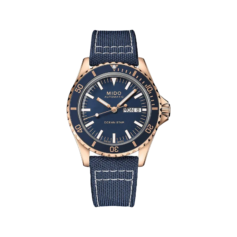 vintage leather watches for men with automatic movement-Mido Ocean Star Tribute - Stainless Steel with Rose Gold PVD - Blue Fabric Strap