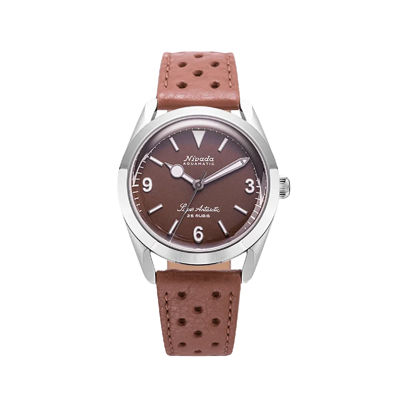 watches for women with adjustable straps for comfort-Nivada Grenchen Super Antarctic 3.6.9 Brown No Vintage Effect - White Luminous