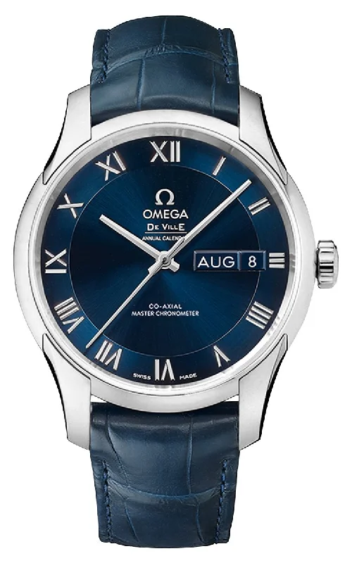 luxury watches with gold-plated designs for timeless appeal-Omega De Ville Hour Vision Automatic Chronometer Stainless Steel Blue Dial Blue Leather Strap Date/Month Mens Watch 433.13.41.22.03.001