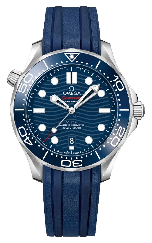 waterproof smartwatches for active outdoor enthusiasts-Omega Seamaster Diver 300M Automatic Chronometer Stainless Steel Blue Dial Blue Rubber Strap Date Mens Watch 210.32.42.20.03.001