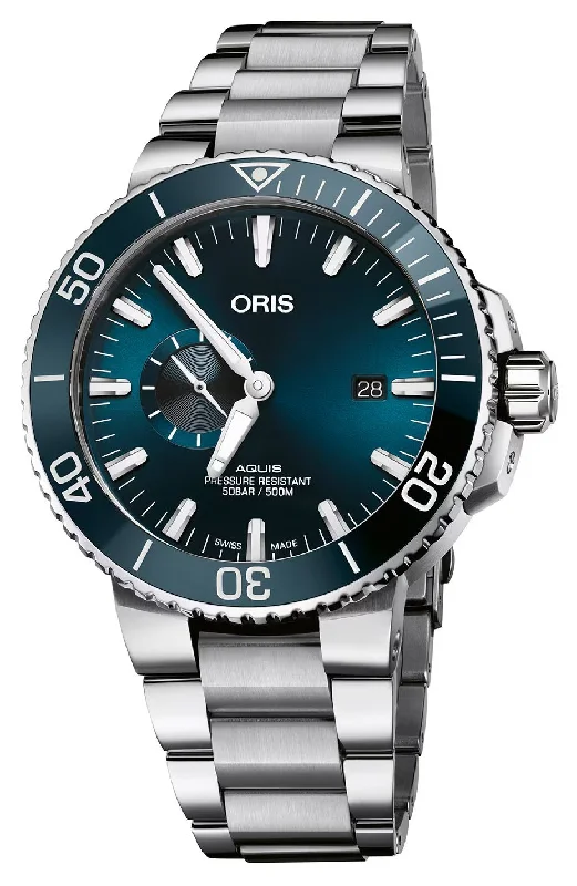 hybrid watches for outdoor enthusiasts with long battery life-Oris Aquis Automatic Stainless Steel Blue Dial Date Divers Mens Watch 743 7733 4155-MB