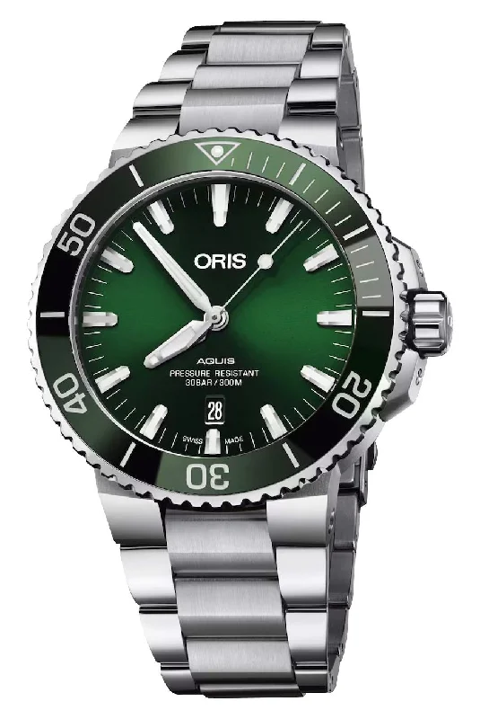 smartwatches for men with built-in music player and fitness apps-Oris Aquis Automatic Stainless Steel Green Dial Date Divers Mens Watch 733 7730 4157-MB