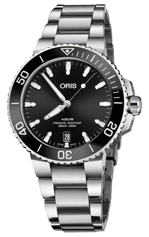 men’s watches with thick leather straps for vintage-inspired design-Oris Aquis Date Automatic Stainless Steel Black Dial Divers Mens Watch 733 7732 4134-07 8 21 05PEB