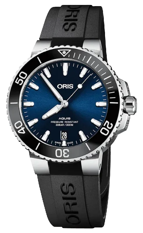 watches with digital display and built-in stopwatch for timing-Oris Aquis Date Automatic Stainless Steel Blue Dial Black Rubber Strap Divers Mens Watch 733 7732 4135-07 4 21 64FC