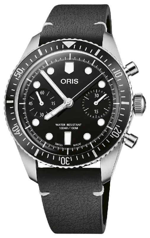 durable sports watches with built-in compass and altimeter-Oris Divers Sixty-Five Automatic Chronograph Stainless Steel Black Dial Black Leather Strap Mens Watch 771 7791 4054-LS