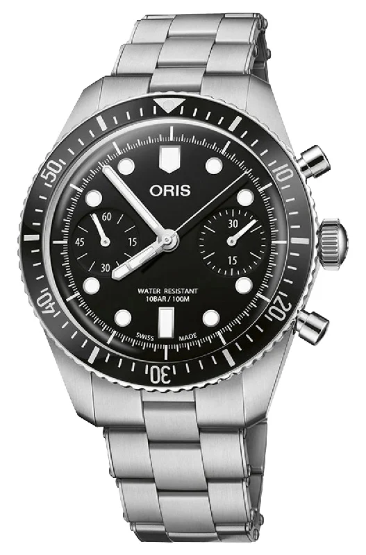 fitness tracking watches with heart rate and blood oxygen monitoring-Oris Divers Sixty-Five Automatic Chronograph Stainless Steel Black Dial Mens Watch 771 7791 4054-MB