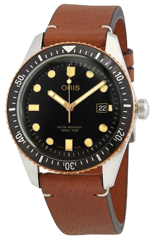 best watches for men with chronograph and date functionality-Oris Divers Sixty-Five Automatic Stainless Steel & Bronze Black Dial Brown Leather Strap Date Mens Watch 733 7720 4354-07 5 21 45