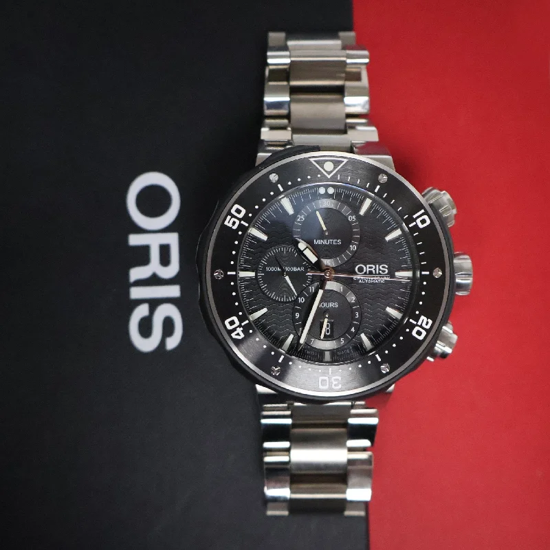 waterproof watches for men with rotating bezels and diving features-Oris ProDiver Chronograph Automatic Titanium Interchangeable Black Rubber Strap Black Dial Date Divers Mens Watch 774 7683 7154-Set