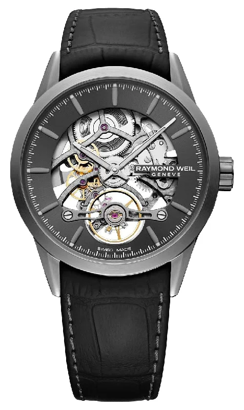 classic wristwatches for men with chronograph feature-Raymond Weil Freelancer Automatic Stainless Steel Skeleton Dial Black Leather Strap Mens Watch 2785-TI1-60001