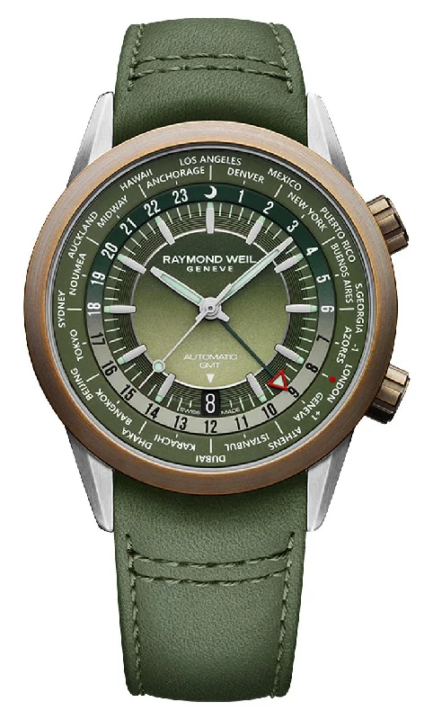 fitness watches with GPS tracking for cycling and hiking-Raymond Weil Freelancer GMT Worldtimer Automatic Stainless Steel & Bronze Green Dial Green Leather Strap Date Mens Watch 2765-SBC-52001