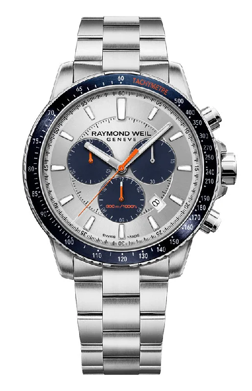 sports watches with GPS and route tracking for cyclists-Raymond Weil Tango Chronograph Stainless Steel Silver Dial Date Quartz Divers Mens Watch 8570-ST3-65501