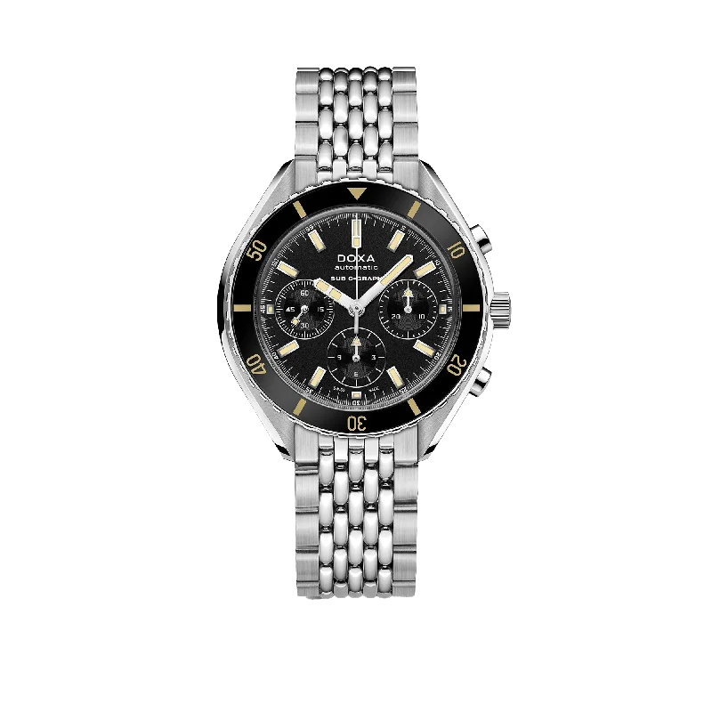 classic wristwatches for men with chronograph feature-DOXA SUB 200 C-GRAPH Sharkhunter, stainless steel bracelet