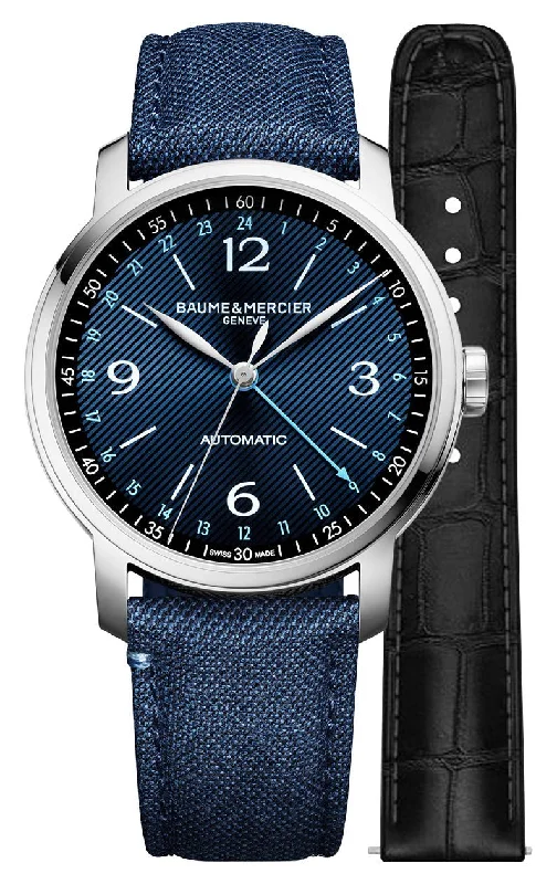 hybrid fitness watches for men with traditional design-Special Edition Baume & Mercier Classima Automatic GMT Stainless Steel Blue Dial Blue Fabric Interchangeable Black Leather Strap Mens Watch M0A10734