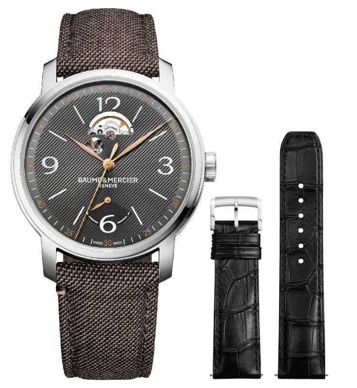 stylish women’s watches with bold color options for every look-Special Edition Baume & Mercier Classima Power Reserve Automatic Stainless Steel Gray Dial Brown Fabric Interchangeable Black Leather Strap Mens Watch M0A10718