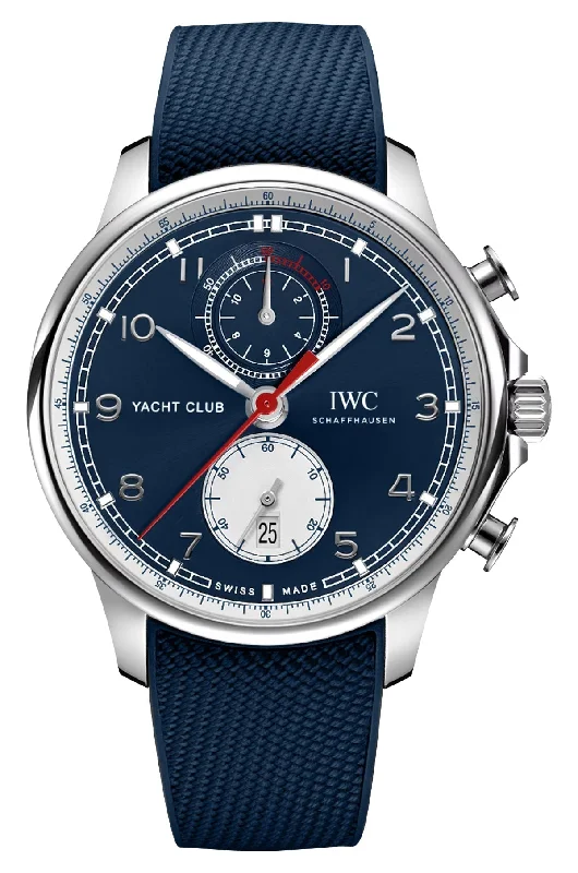 watches for men with simple dials and minimalist features-Special Edition IWC Portugieser Yacht Club "Orlebar Brown" Automatic Flyback Chronograph Stainless Steel Blue Dial Blue Rubber Strap Date Mens Watch IW390704