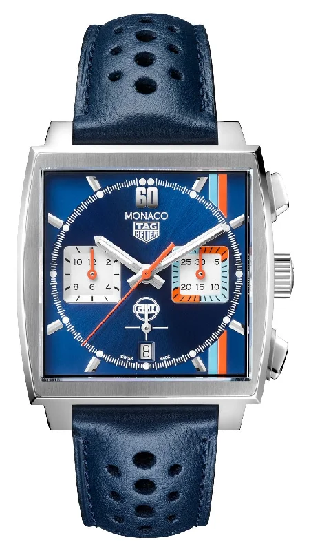 watches for men with rugged design and tactical features-Special Edition TAG Heuer Monaco Gulf Automatic Chronograph Stainless Steel Blue Dial Blue Leather Strap Date Mens Watch CBL2115.FC6494