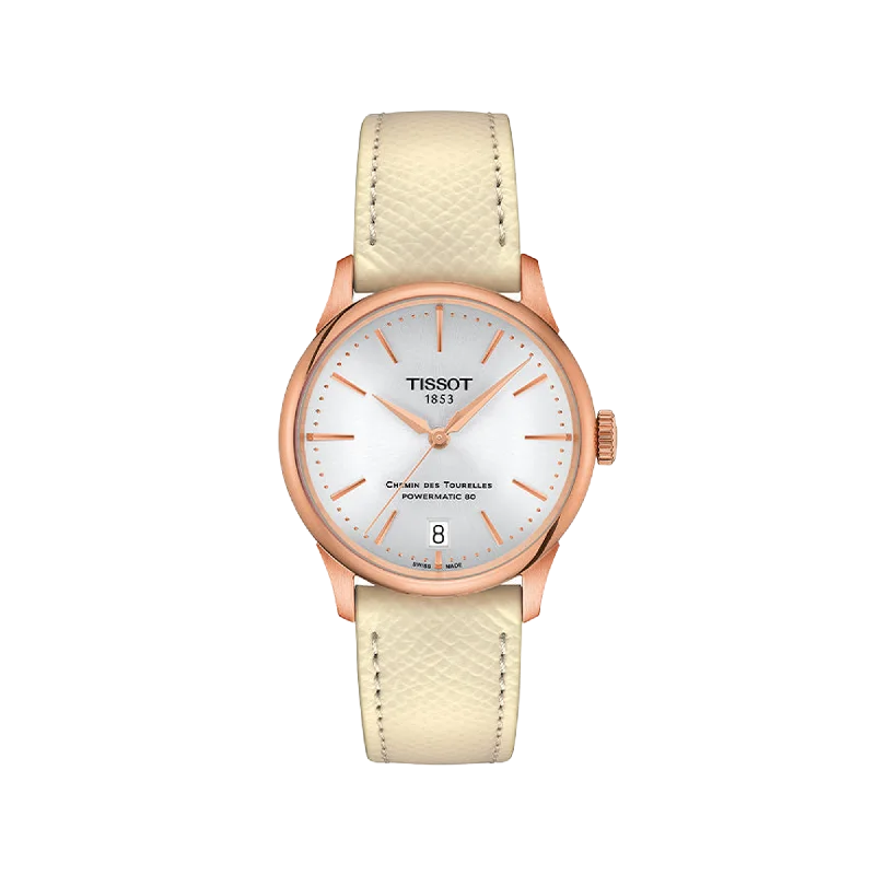 luxury watches for men with moonphase complication for elegance-Tissot Chemin des Tourelles Powermatic 80 34mm - Rose Gold and Beige Leather