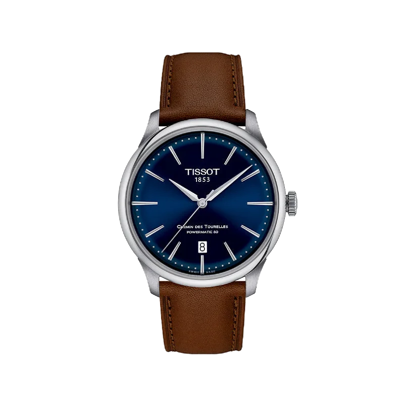 hybrid smartwatches for women with advanced features and elegant styles-Tissot Chemin des Tourelles Powermatic 80 39mm - Blue and Brown Leather