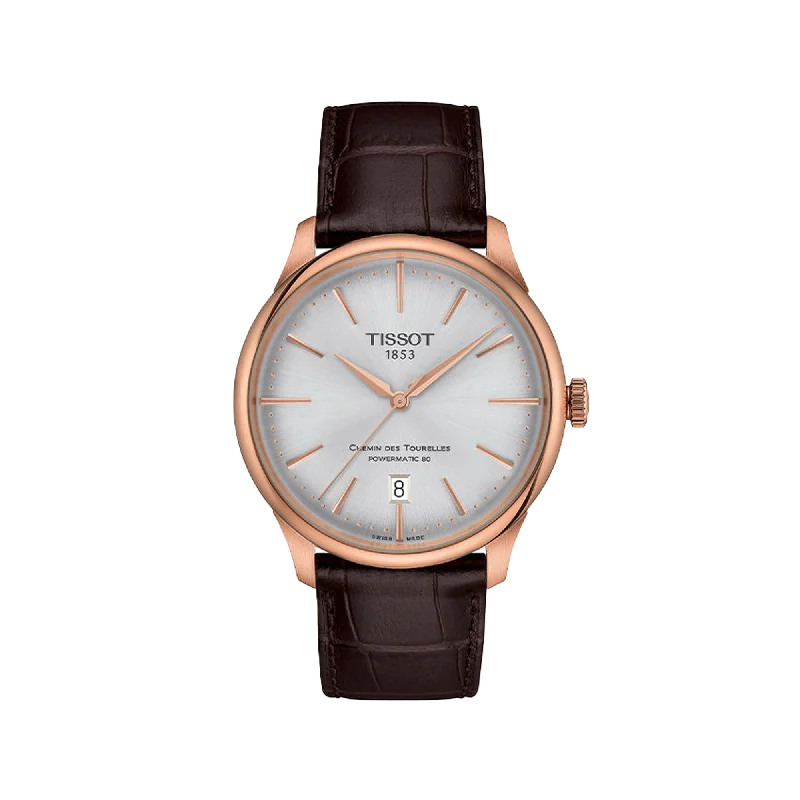 durable watches for men with military-grade toughness-Tissot Chemin des Tourelles Powermatic 80 39mm - Rose Gold and Brown Leather