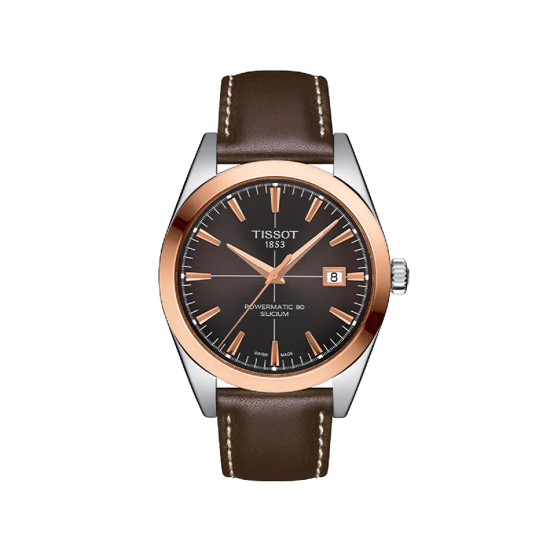 best hybrid smartwatches with fitness and productivity features-Tissot Gentleman Powermatic 80 Silicium Solid 18K Gold bezel with Brown Leather Strap