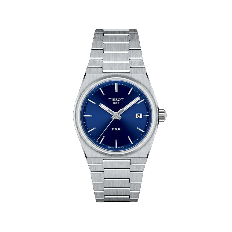 solar-powered watches with long battery life for travelers-Tissot PRX 35mm Blue