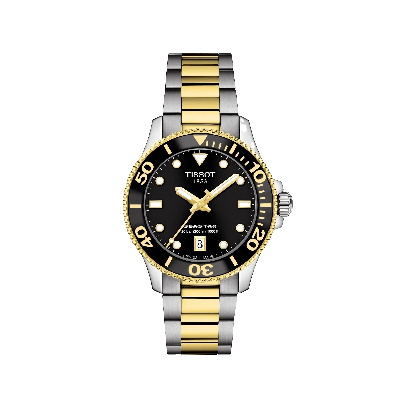 watches with luminous hands and markers for low-light visibility-Tissot Seastar 1000 36mm - Black / Yellow Gold PVD Bi-Colour