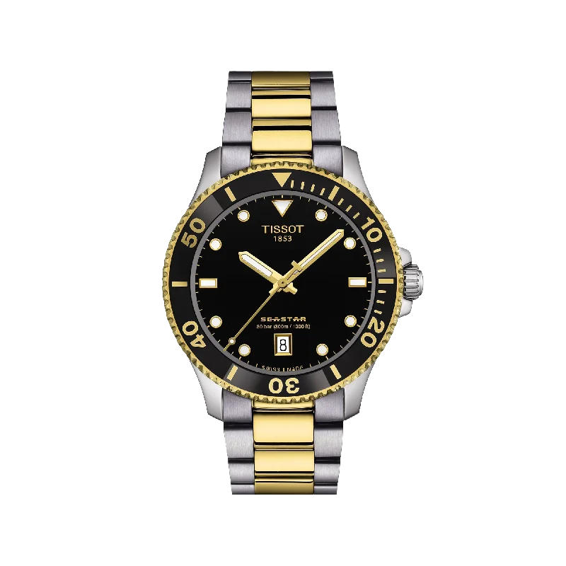 waterproof watches with digital display for divers-Tissot Seastar 1000 40mm - Black / Yellow Gold PVD Bi-Colour