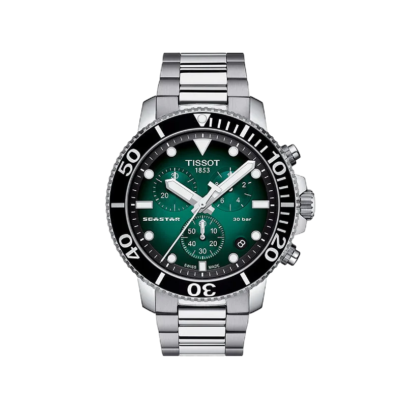 watches for men with multi-layered dials and high contrast numbers-Tissot Seastar 1000 Chronograph - Green