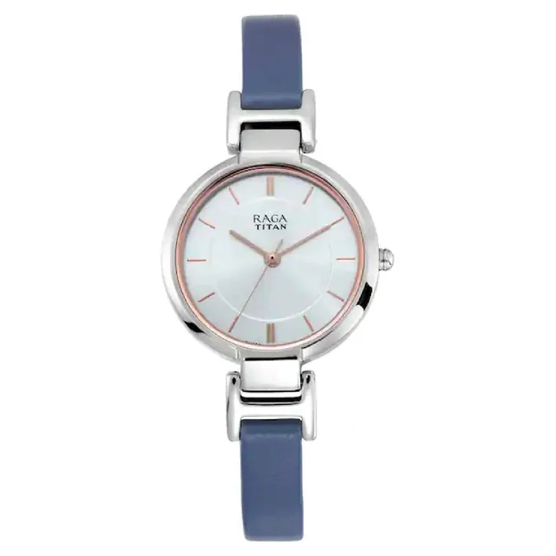 solar-powered watches with long battery life for travelers-Raga Viva White Dial & Leather Strap