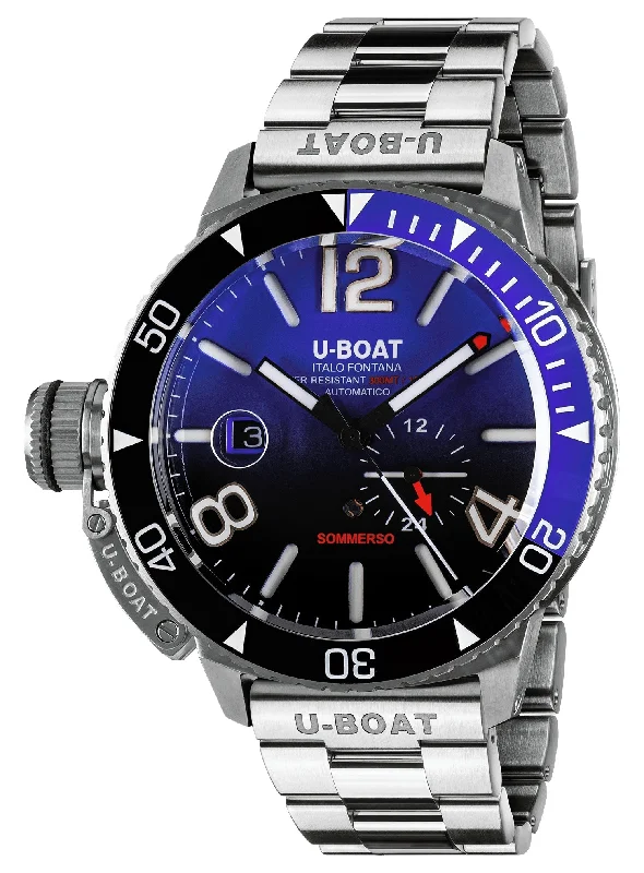 eco-friendly watches with natural materials for sustainability-U-Boat Sommerso Automatic Stainless Steel Blue and Black Dial Date Divers Mens Watch 9519/MT