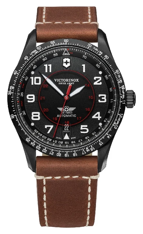 solar-powered sport watches for men with rugged design-Victorinox Swiss Army Airboss Mechanical Automatic Black Stainless Steel Black Dial Brown Leather Strap Date Mens Watch 241886