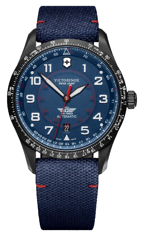 watches with minimalist style for everyday wear-Victorinox Swiss Army Airboss Mechanical Automatic Black Stainless Steel Blue Dial Blue Fabric Strap Date Mens Watch 241998