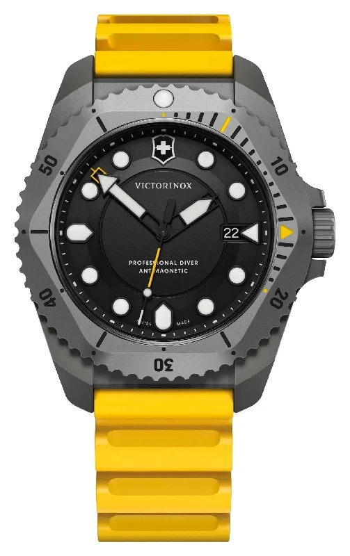 watches with chronograph and tachymeter for precision timekeeping-Victorinox Swiss Army Dive Pro Gray Titanium Black Dial Yellow Rubber Strap Date Divers Quartz Mens Watch 241992