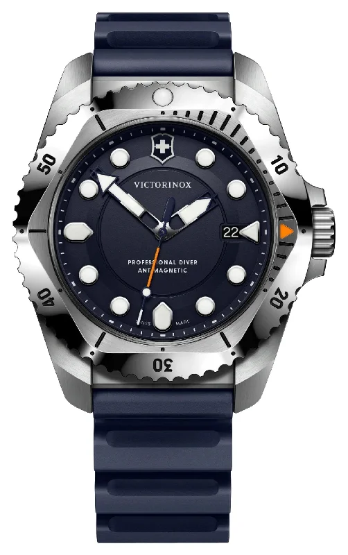 waterproof smartwatches with fitness apps for runners and swimmers-Victorinox Swiss Army Dive Pro Stainless Steel Blue Dial Blue Rubber Strap Date Divers Quartz Mens Watch 241991