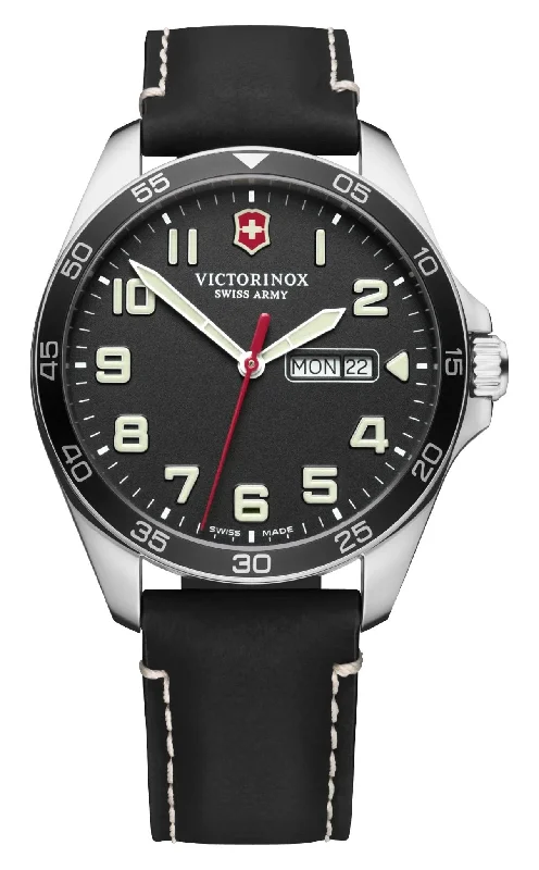 eco-friendly solar-powered watches for outdoor lovers-Victorinox Swiss Army Fieldforce Stainless Steel Black Dial Black Leather Strap Day/Date Quartz Mens Watch 241846