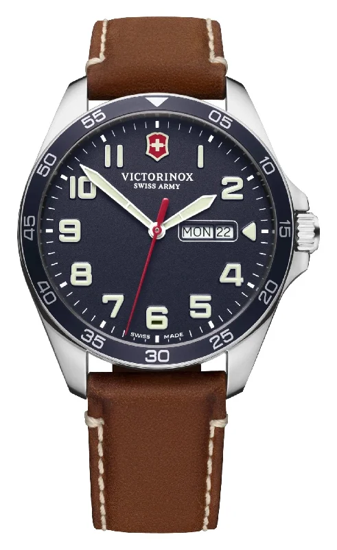 high-end smartwatches for professional athletes-Victorinox Swiss Army Fieldforce Stainless Steel Blue Dial Brown Leather Strap Day/Date Quartz Mens Watch 241848