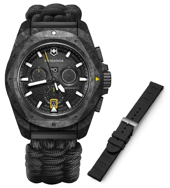 hybrid fitness trackers with customizable features for personalization-Victorinox Swiss Army I.N.O.X. Chronograph Black Carbon Black Dial Black Nylon Interchangeable Black Rubber Strap Day/Date Divers Quartz Mens Watch 241989.1