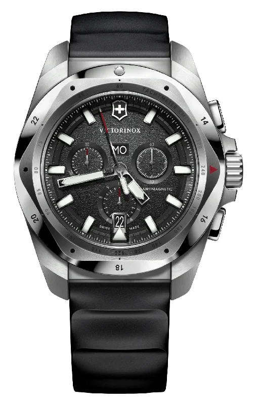 luxury watches with intricate design and premium materials-Victorinox Swiss Army I.N.O.X. Chronograph Stainless Steel Black Dial Black Rubber Strap Day/Date Divers Quartz Mens Watch 241983